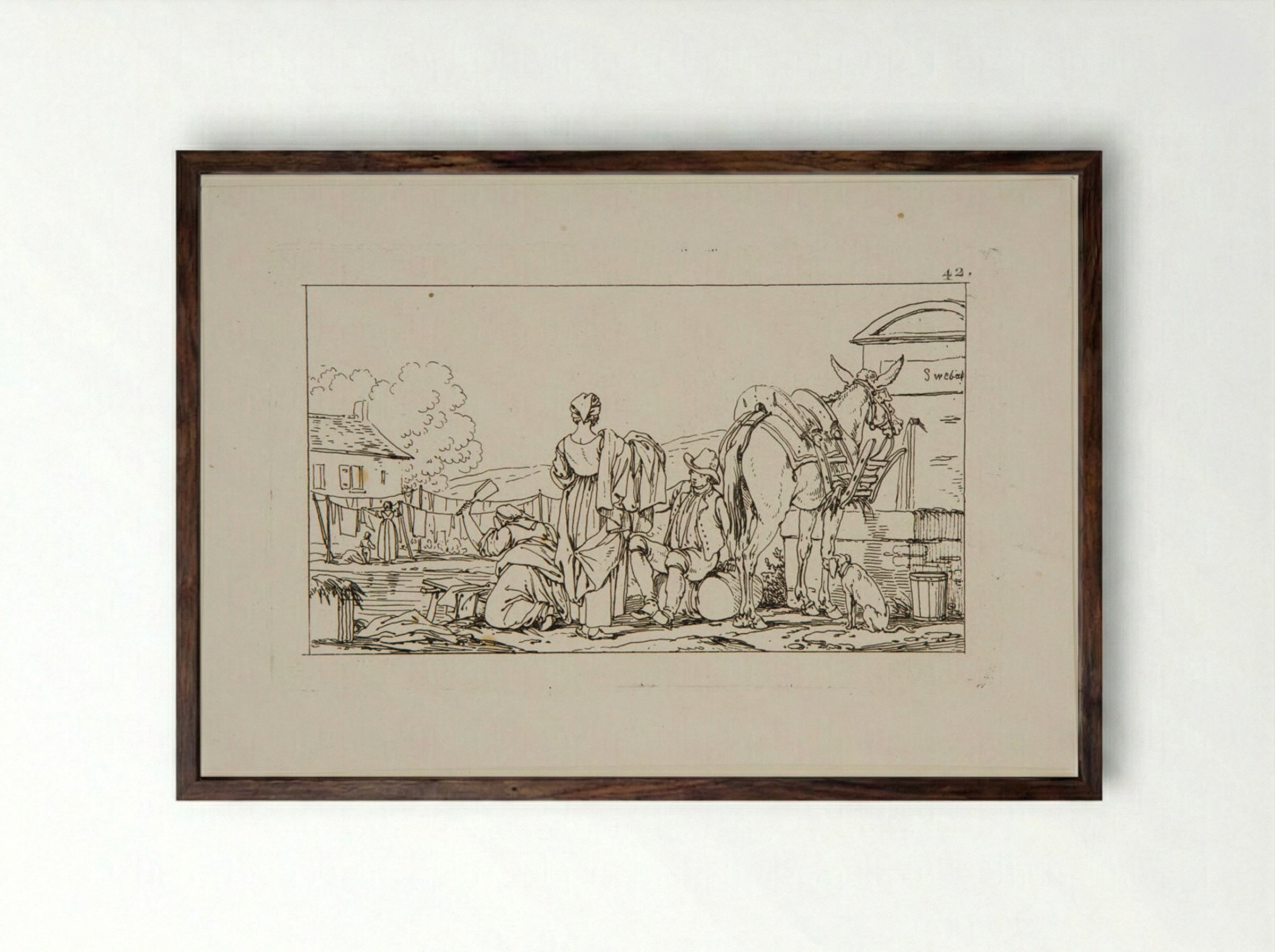 Untitled (Rural Scene with Figures and Donkey) - Jacques-Francois-Joseph Swebach - Framed Print Dark Wood