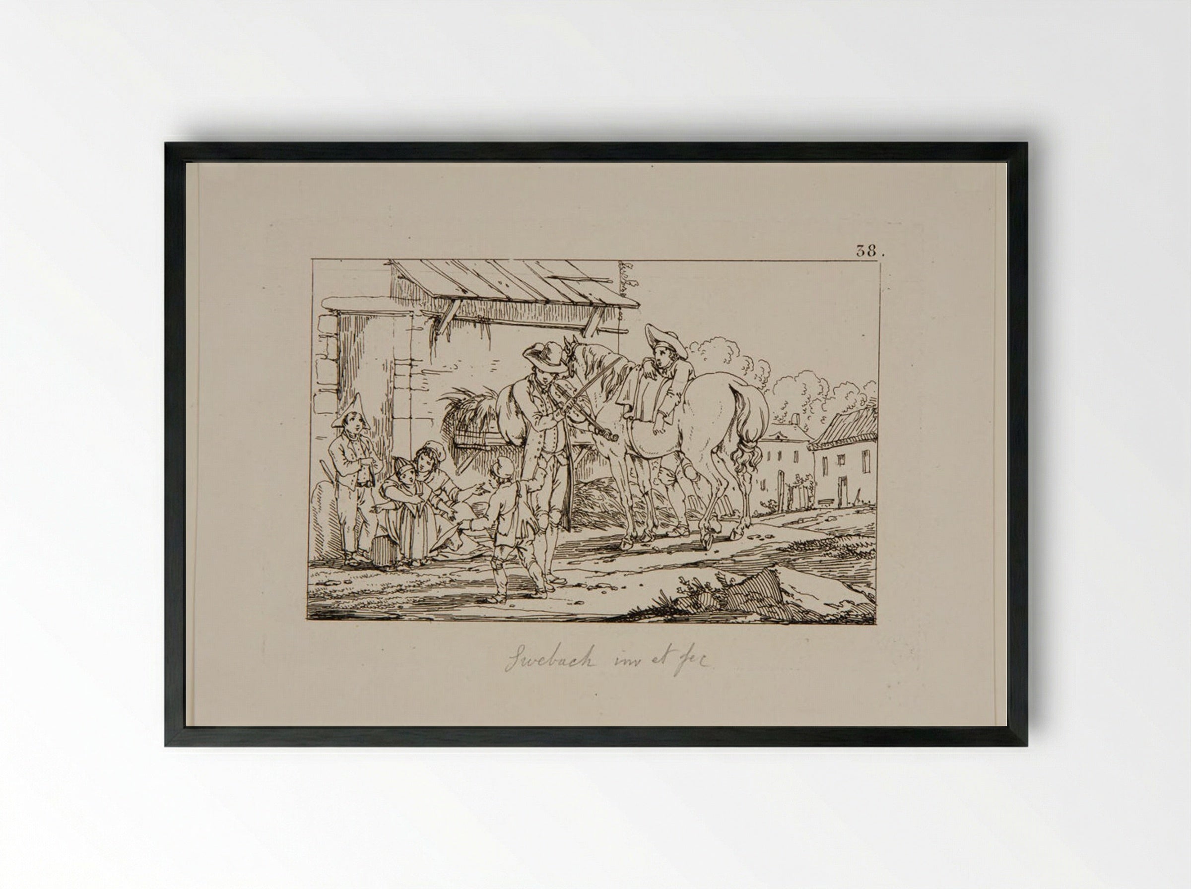 Untitled (Rural Scene with Horse and Figures) - Jacques-Francois-Joseph Swebach - Framed Print Black