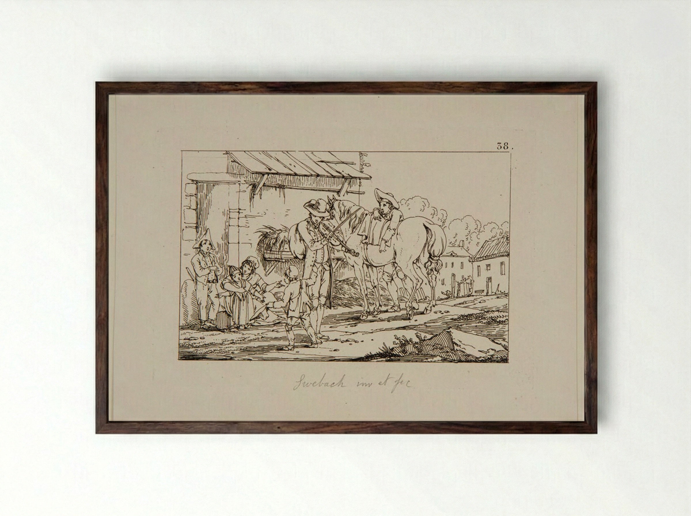 Untitled (Rural Scene with Horse and Figures) - Jacques-Francois-Joseph Swebach - Framed Print Dark Wood