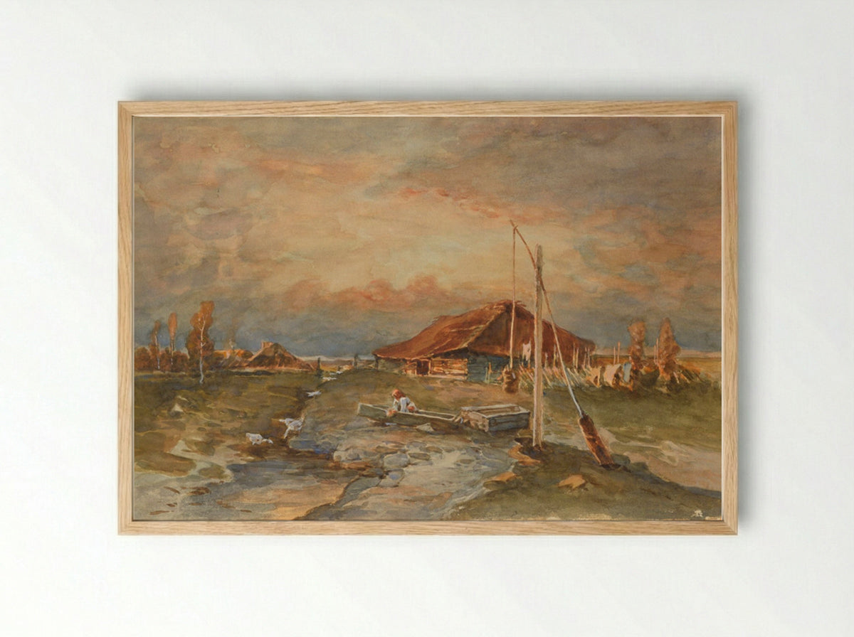 Untitled (Rural Scene with Well and Boat) - Julius Sergius von Klever - Framed Print Wood