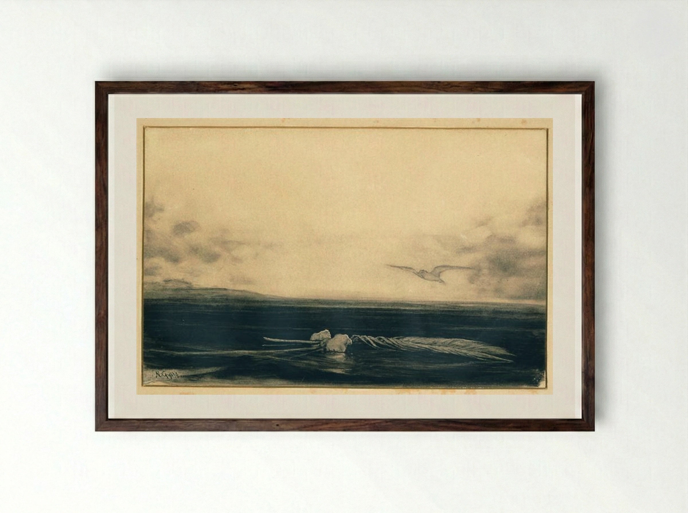 Untitled (Seascape with Feather) - Nikolaos Gyzis - Framed Print Dark Wood
