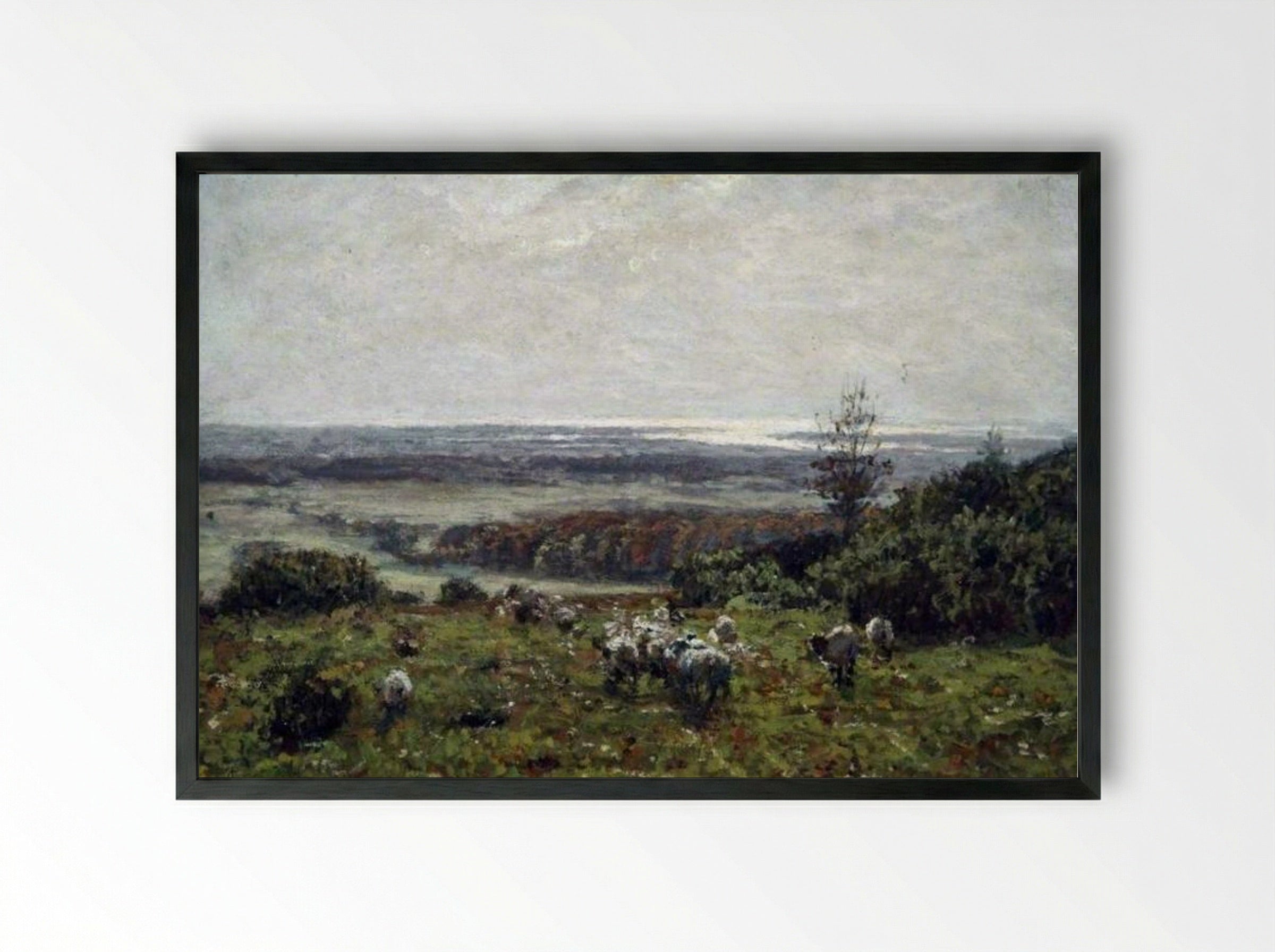 Untitled (Sheep Grazing on a Hillside) - James Charles - Framed Print Black