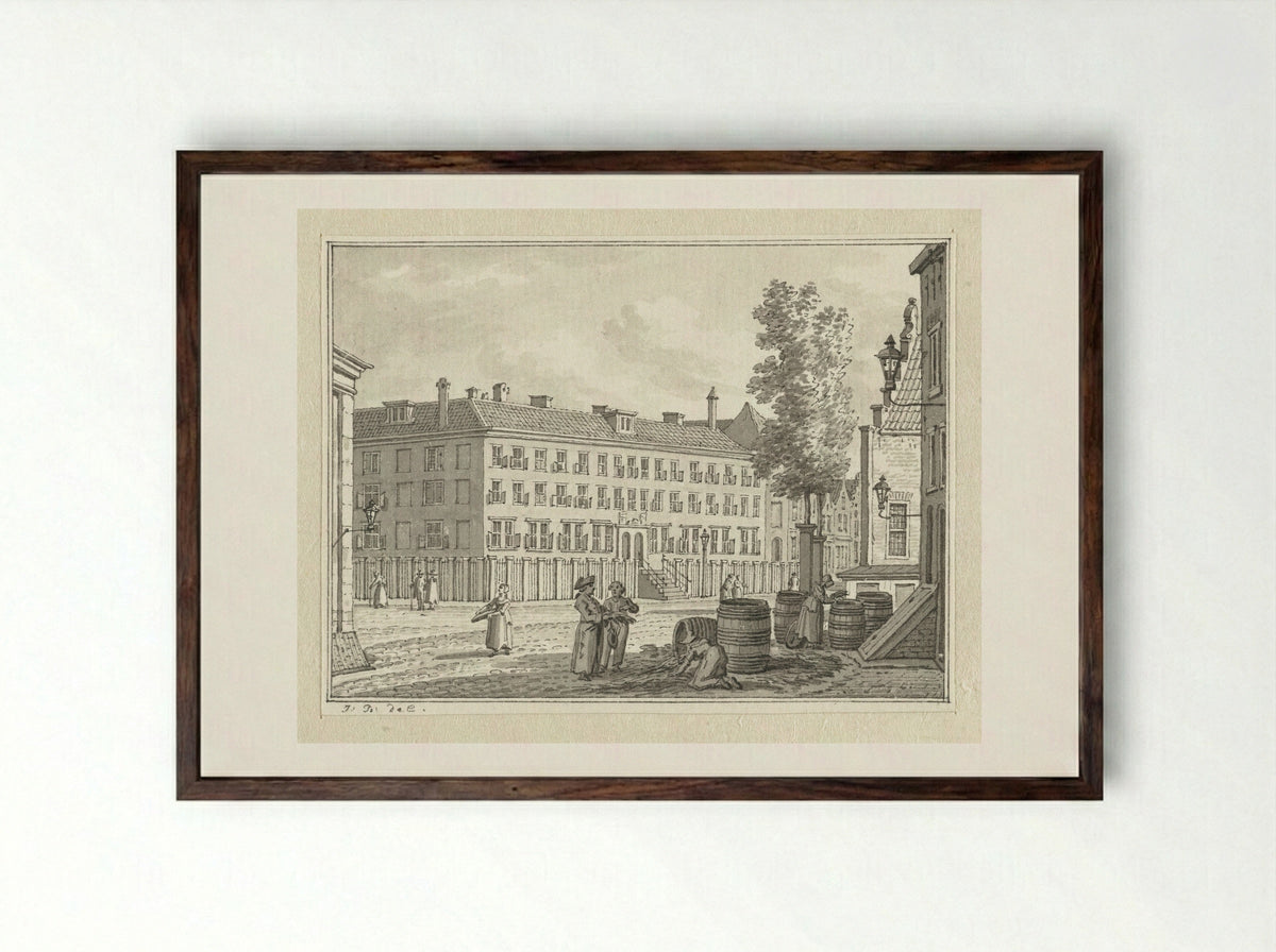 Untitled (Street Scene with Figures and Barrels) - Floris Croese - Framed Print Dark Wood