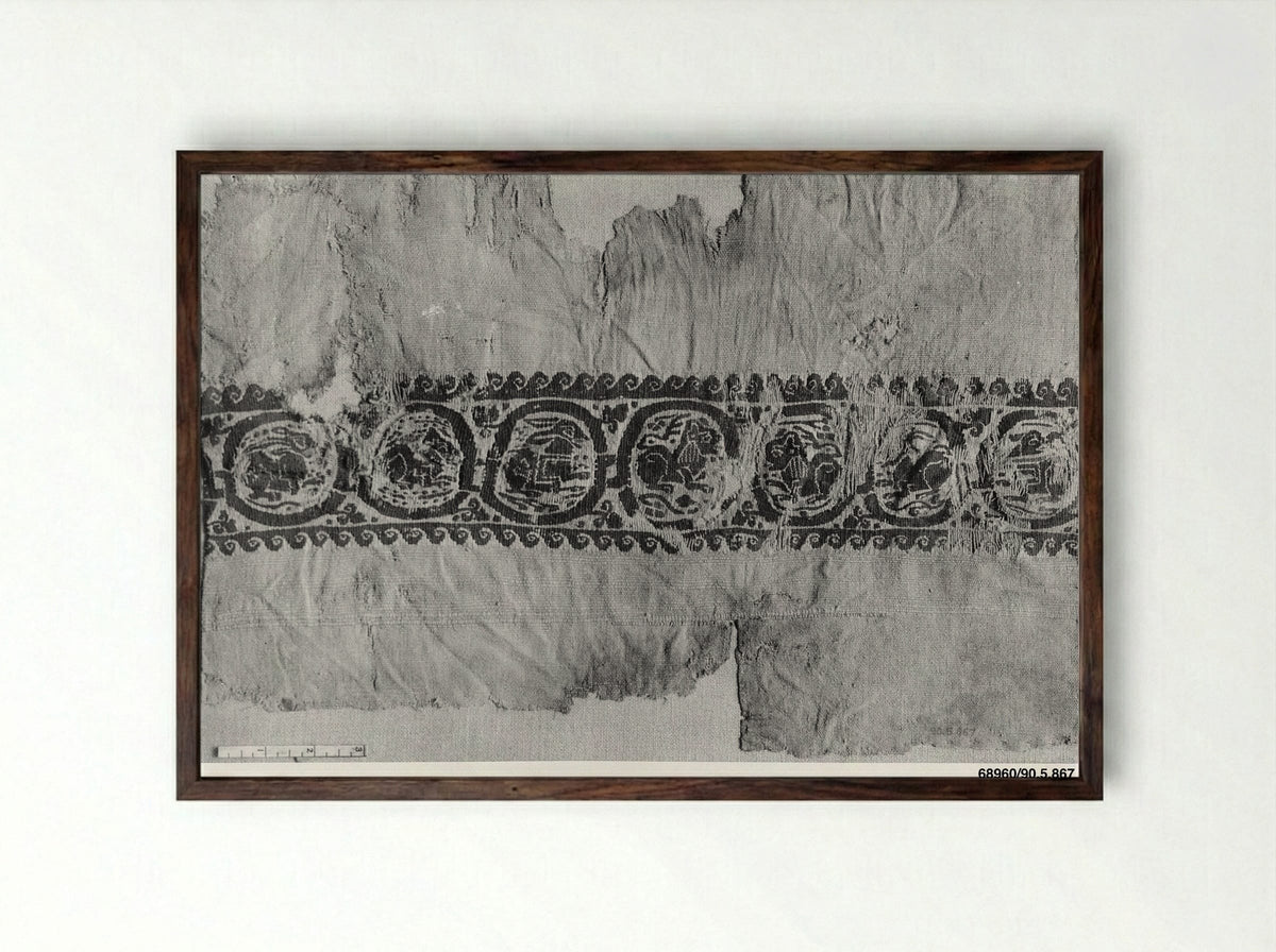 Untitled (Textile Fragment with Animal Medallions) - Fine Art Print - Framed Print Dark Wood