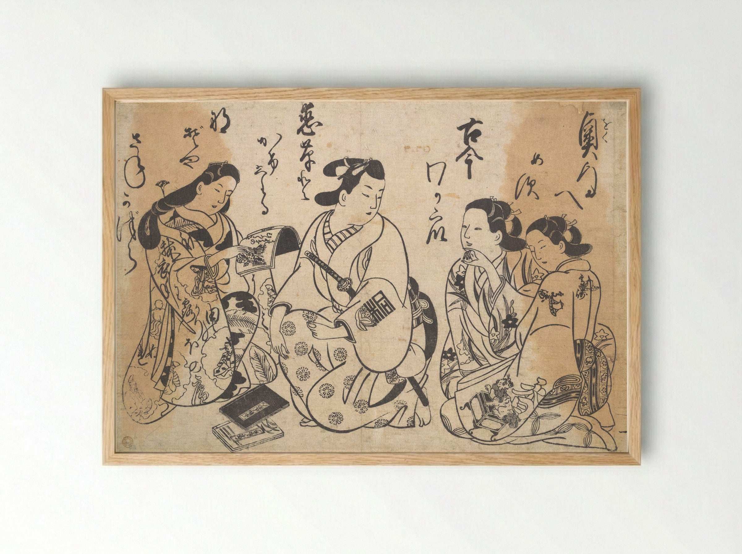 Untitled (Three Figures with Books) - Okumura Masanobu - Framed Print Wood