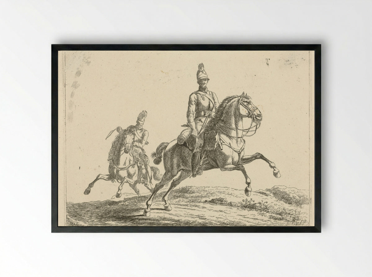 Untitled (Two Soldiers on Horseback, Etching) - Fine Art Print - Framed Print Black
