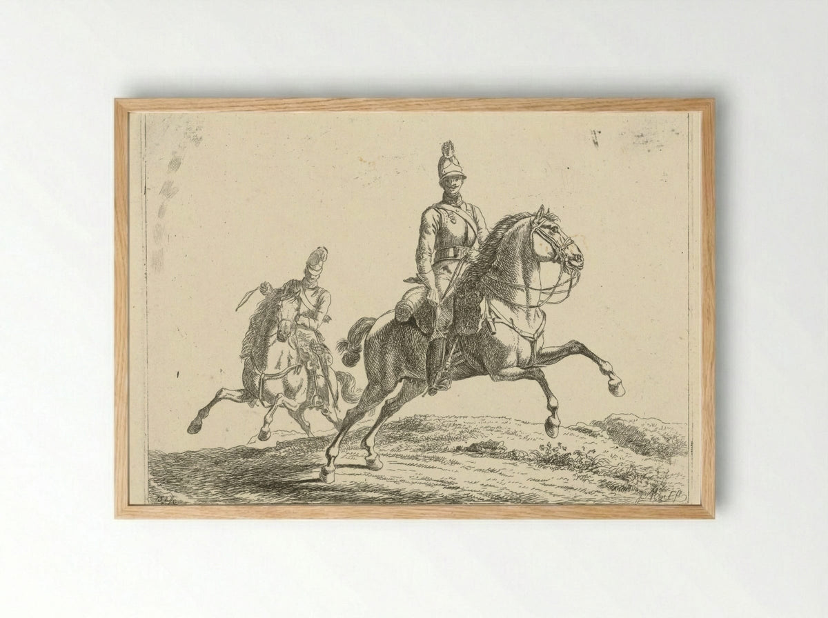 Untitled (Two Soldiers on Horseback, Etching) - Fine Art Print - Framed Print Wood