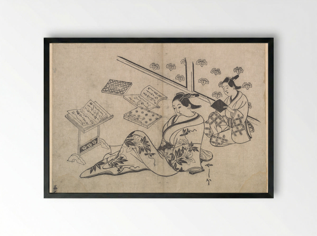 Untitled (Two Women Reading) - Hishikawa Morofusa - Framed Print Black