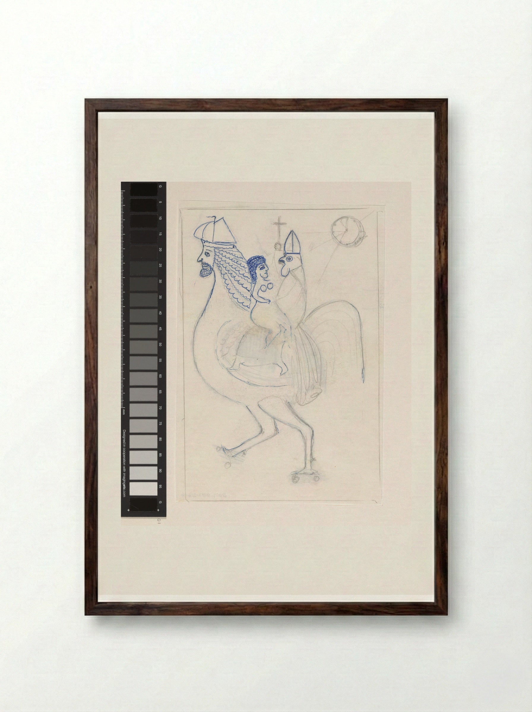Untitled (Woman and Rooster with Mitre on a Fantastic Creature) - Willem Westbroek - Framed Print Dark Wood