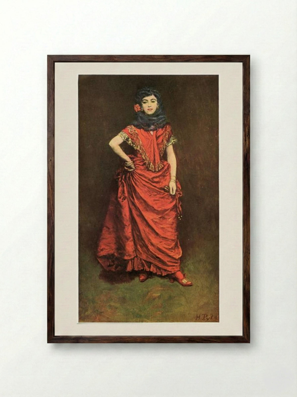 Untitled (Woman in Red Dress) - Howard Pyle - Framed Print Dark Wood