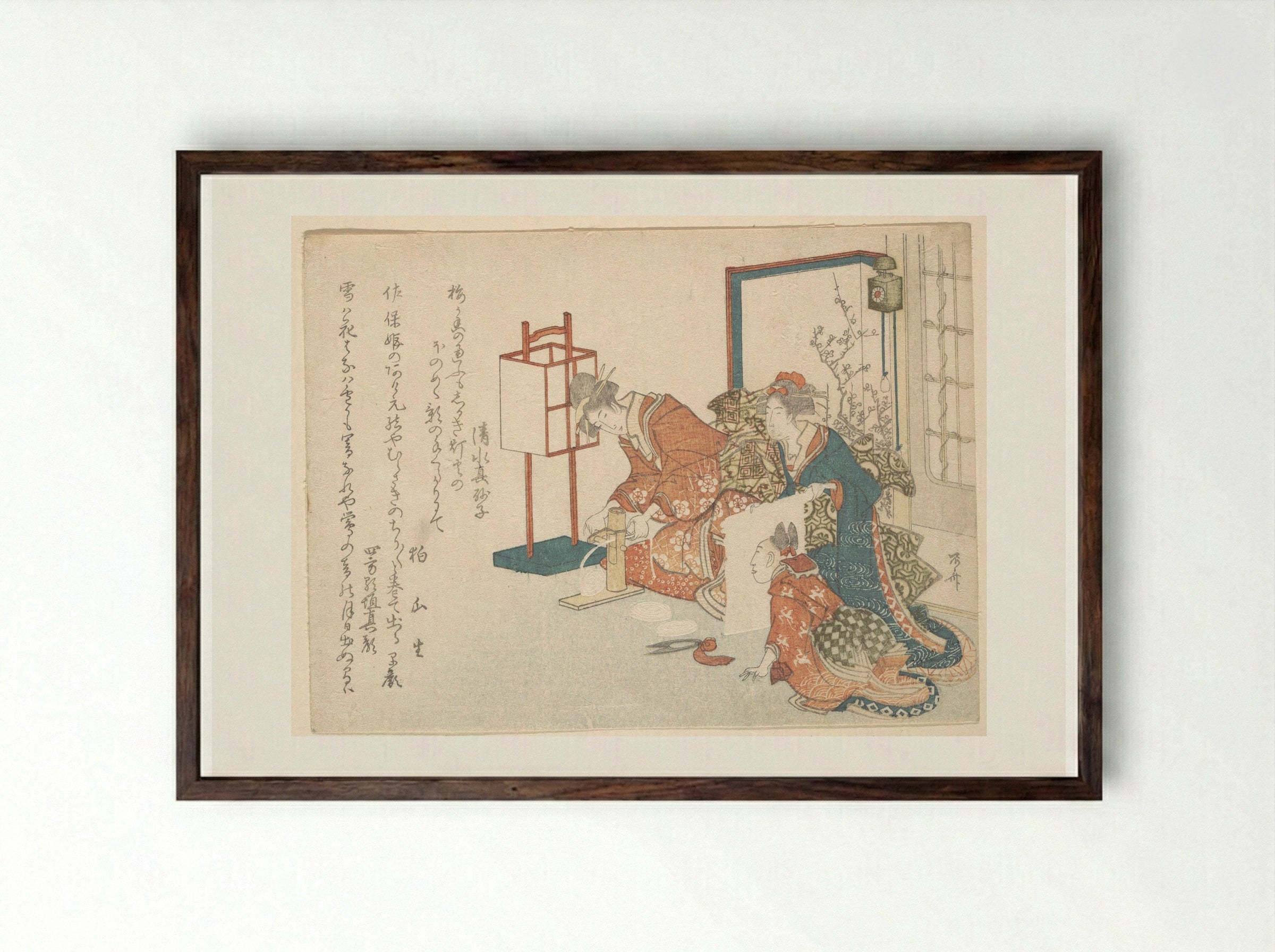 Untitled (Women and Child with Spinning Device) - Ryūryūkyo Shinsai - Framed Print Dark Wood