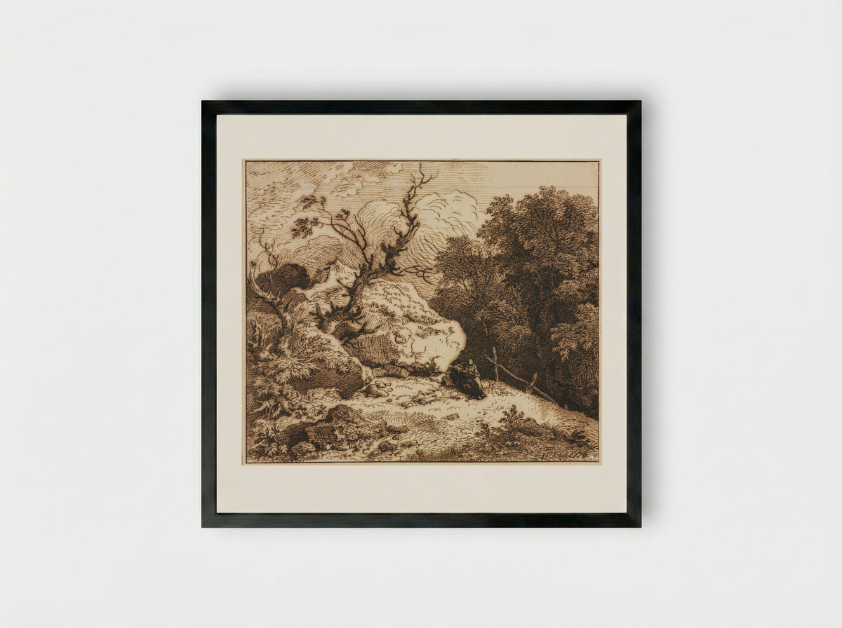 Untitled (Wooded Scene with Seated Figure) - Ferdinand Kobell - Framed Print Black