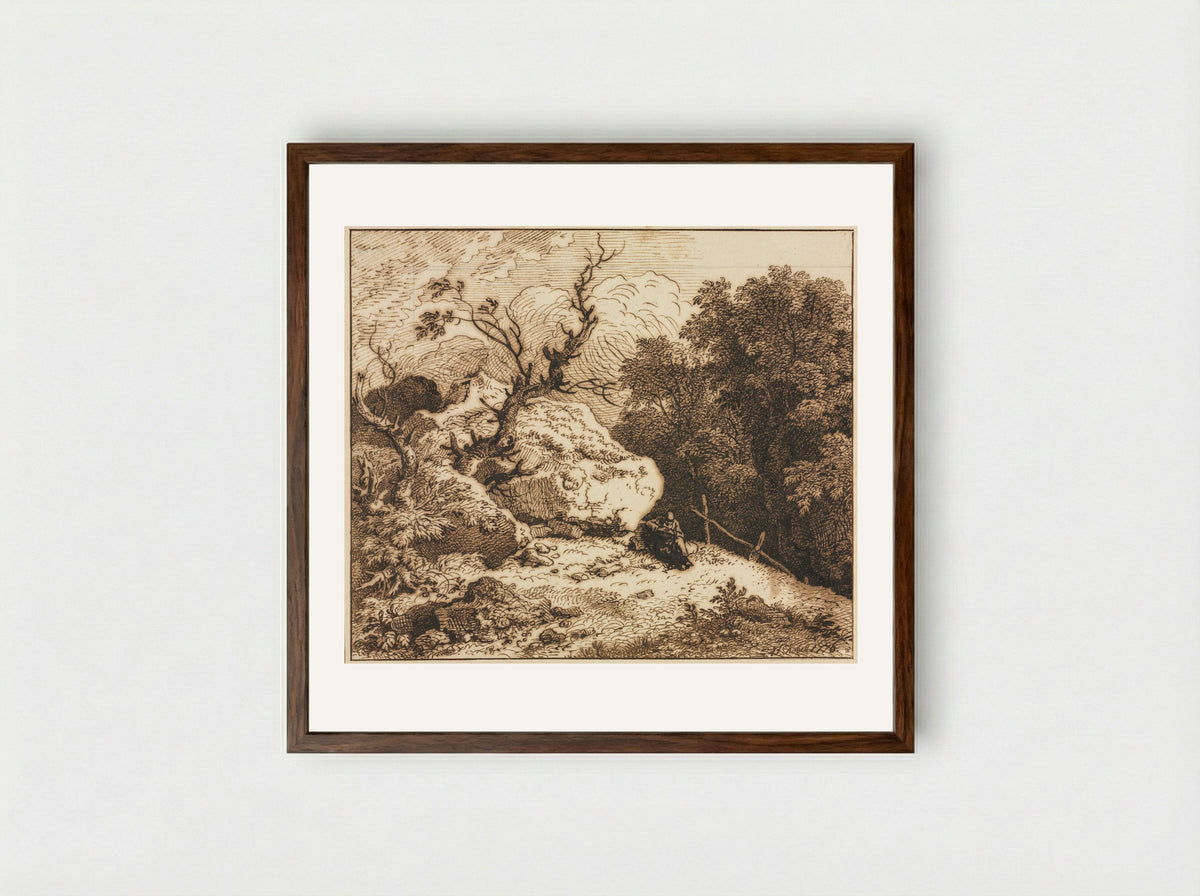 Untitled (Wooded Scene with Seated Figure) - Ferdinand Kobell - Framed Print Dark Wood