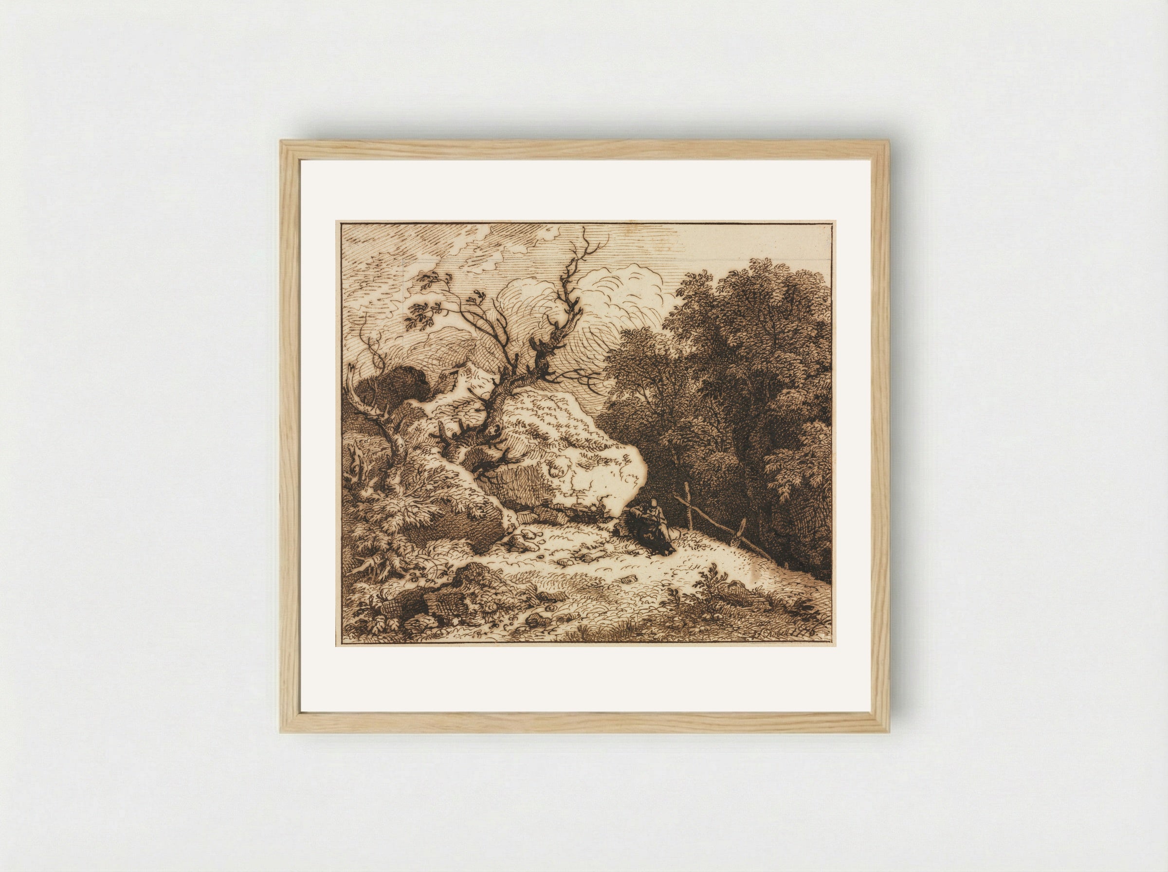 Untitled (Wooded Scene with Seated Figure) - Ferdinand Kobell - Framed Print Wood