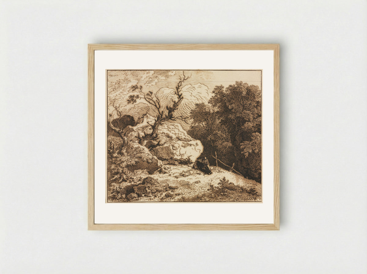 Untitled (Wooded Scene with Seated Figure) - Ferdinand Kobell - Framed Print Wood