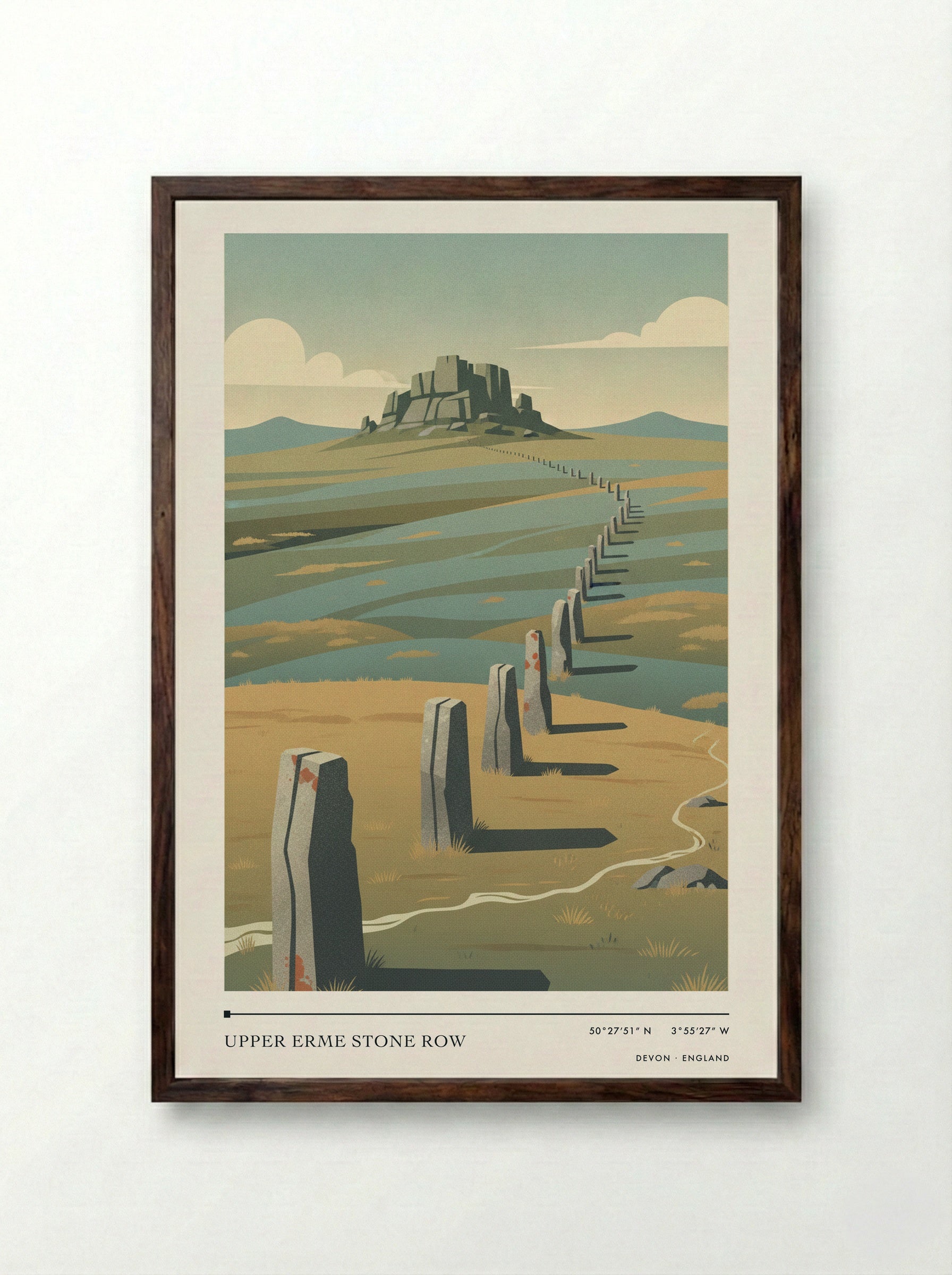 Upper Erme Stone Row Devon England Travel Poster - Framed Print Dark Wood