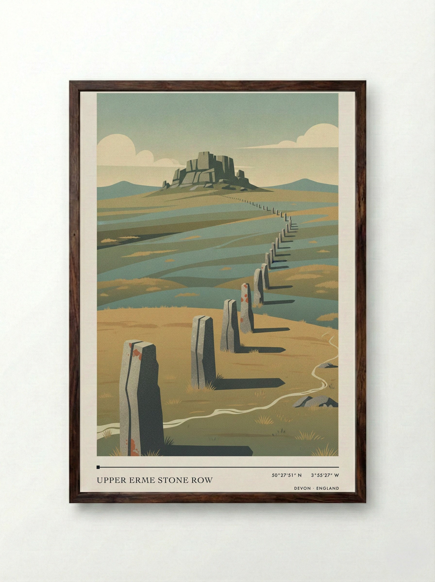Upper Erme Stone Row Devon England Travel Poster - Framed Print Dark Wood