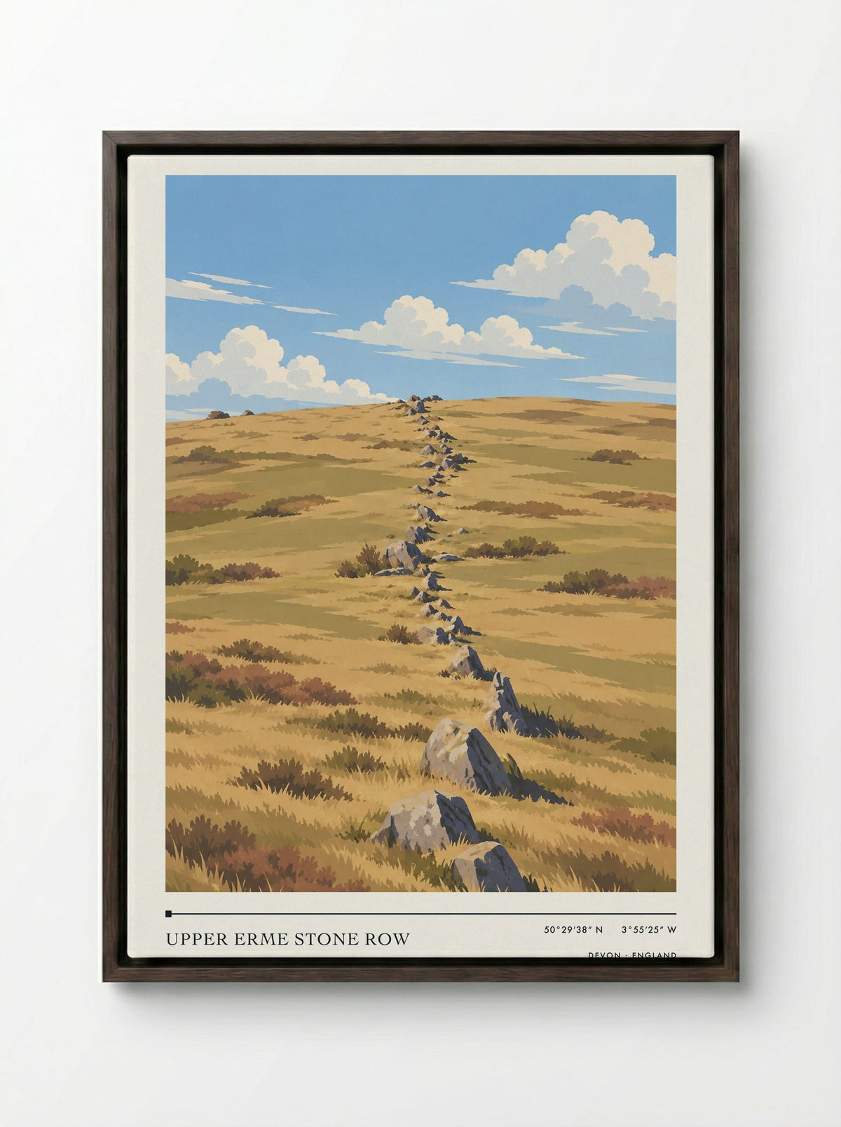 Upper Erme Stone Row, Devon | Travel Poster - Framed Canvas Dark Wood