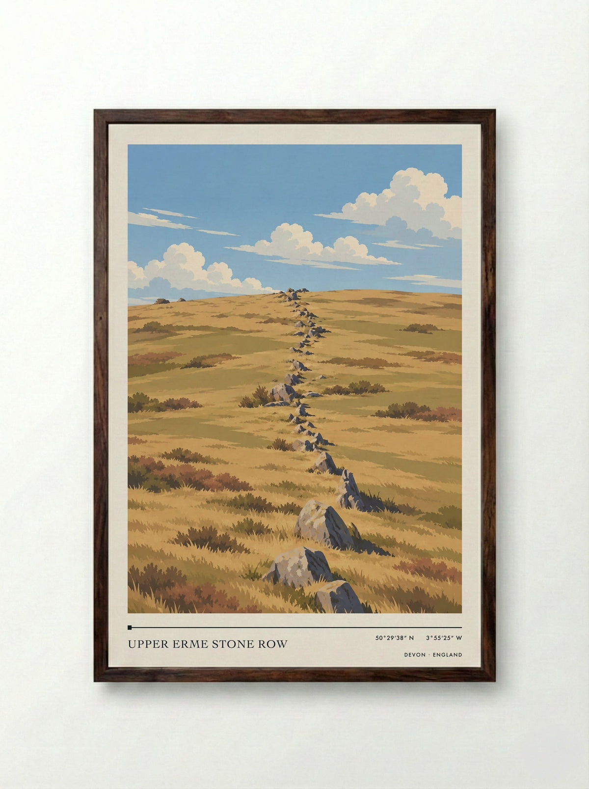 Upper Erme Stone Row, Devon | Travel Poster - Framed Print Dark Wood