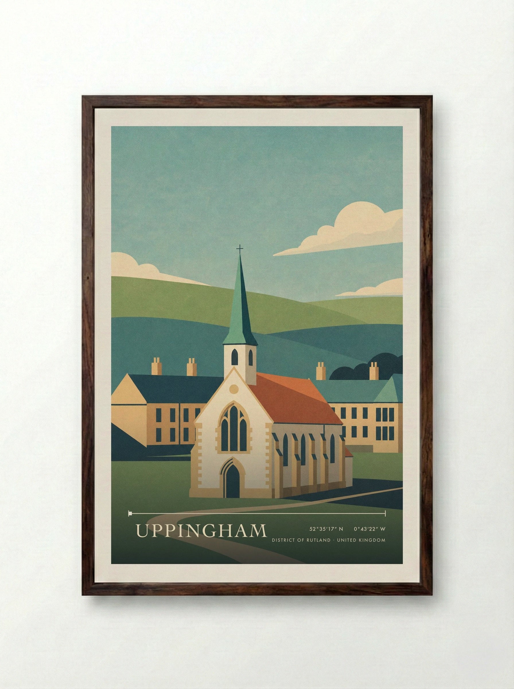 Uppingham District of Rutland United Kingdom Travel Poster - Framed Print Dark Wood