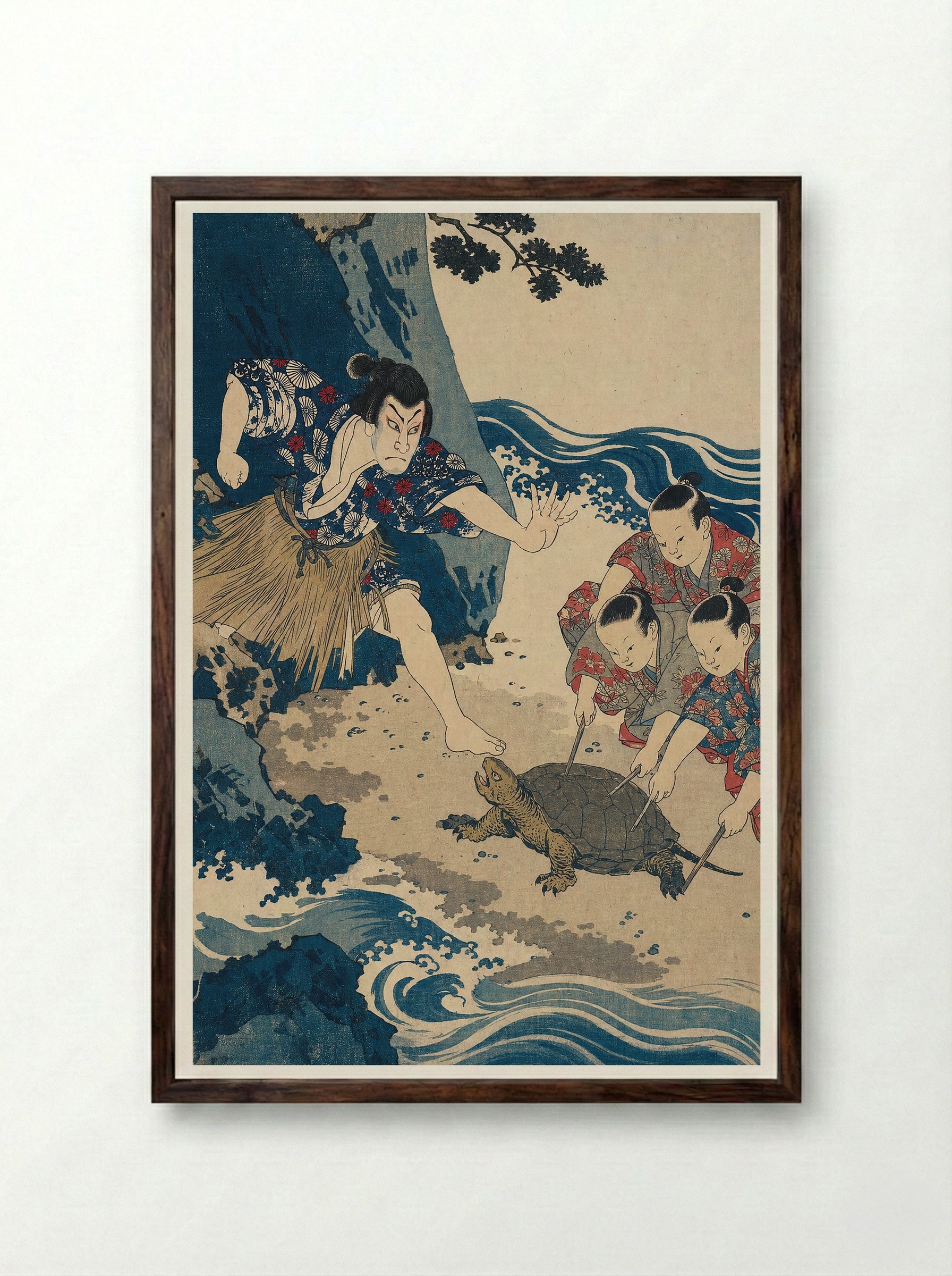 Urashima Taro and the Rescued Turtle - Framed Print Dark Wood