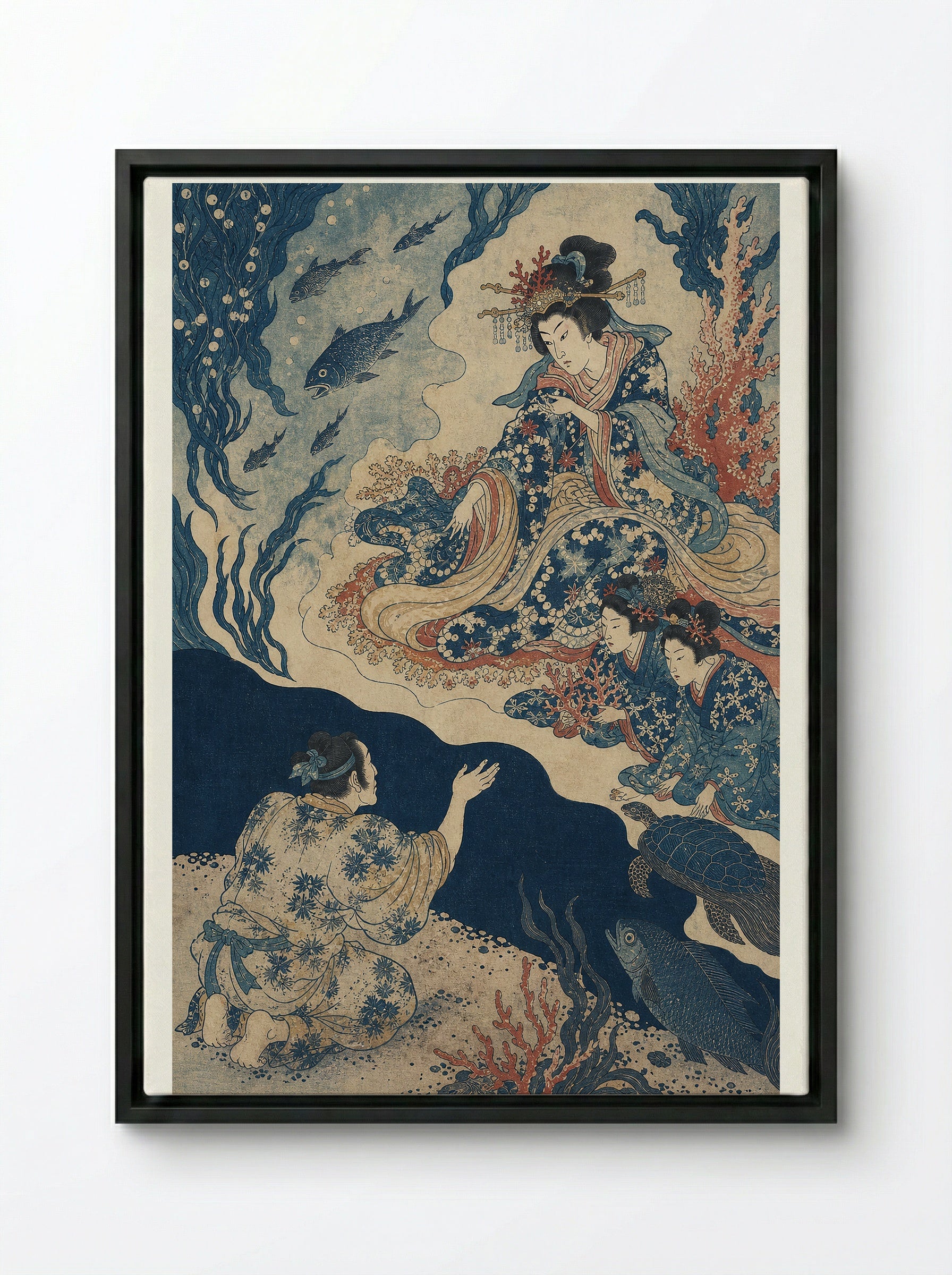 Urashima Taro at the Dragon Palace - Framed Canvas Black