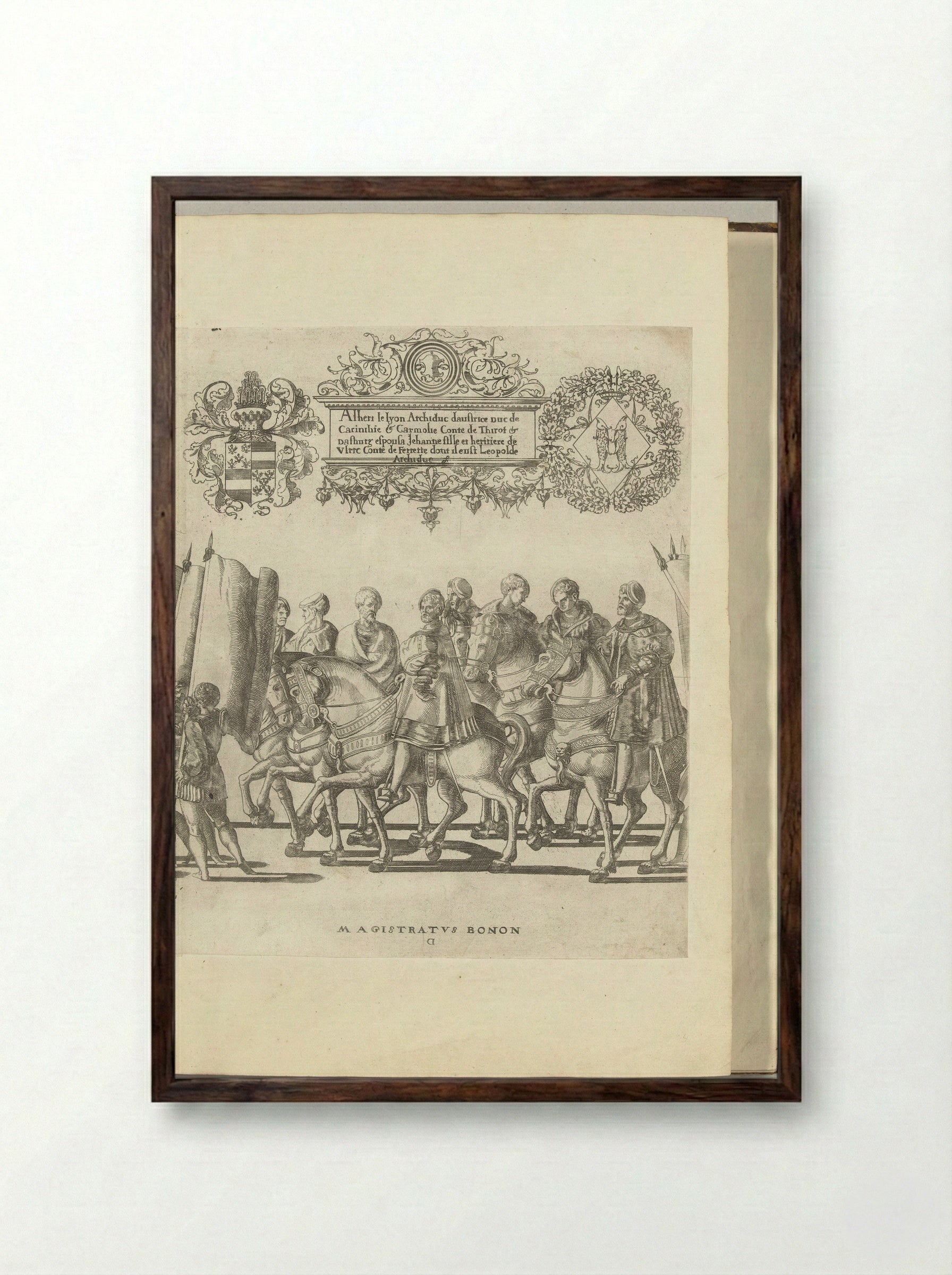 Vaandeldragers en magistraten, plaat D - Nicolaas Hogenberg - Framed Print Dark Wood