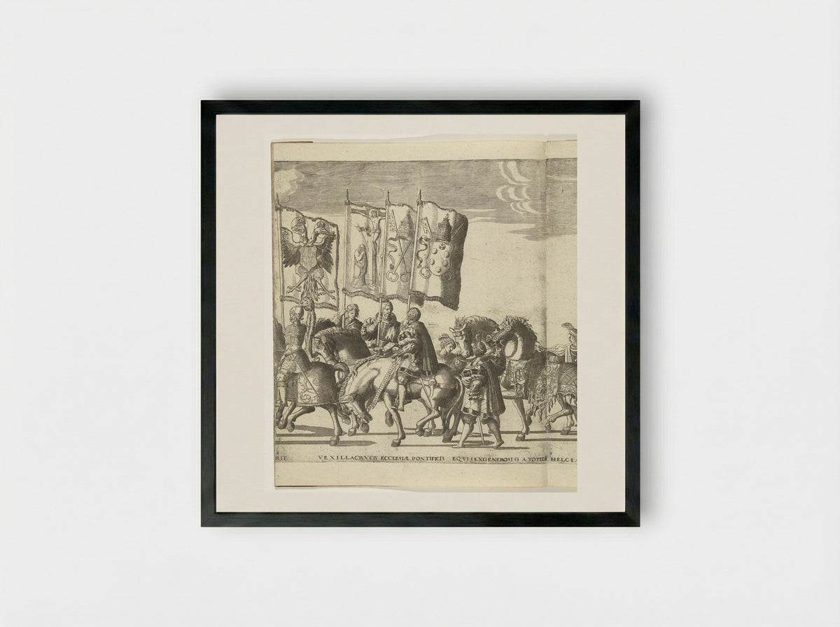 Vaandeldragers met wapens van Habsburg en de paus van Rome, plaat 8 - Nicolaas Hogenberg - Framed Print Black