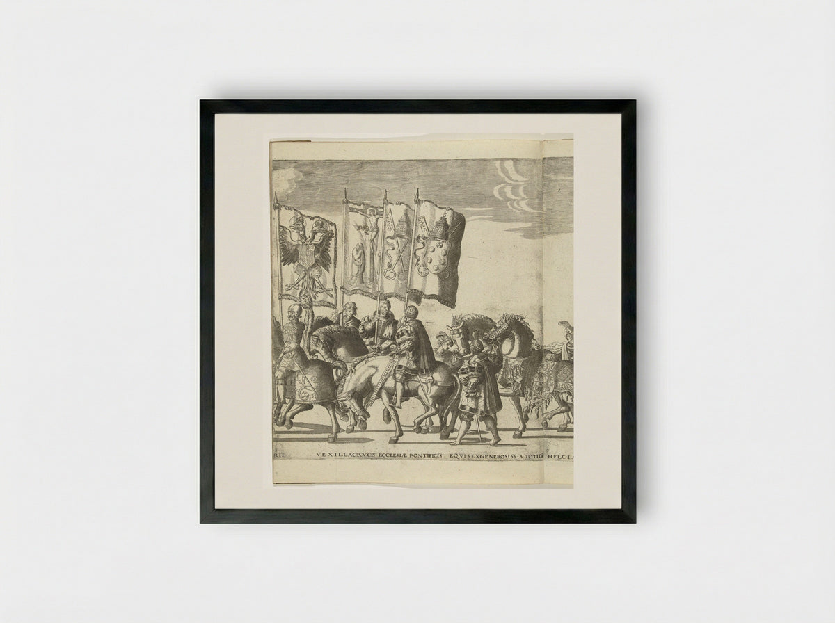 Vaandeldragers met wapens van Habsburg en de paus van Rome, plaat 8 - Nicolaas Hogenberg - Framed Print Black