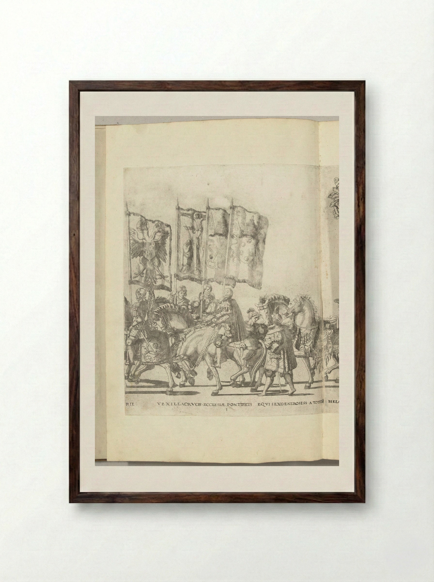 Vaandeldragers met wapens van Habsburg en de paus van Rome, plaat I - Nicolaas Hogenberg - Framed Print Dark Wood