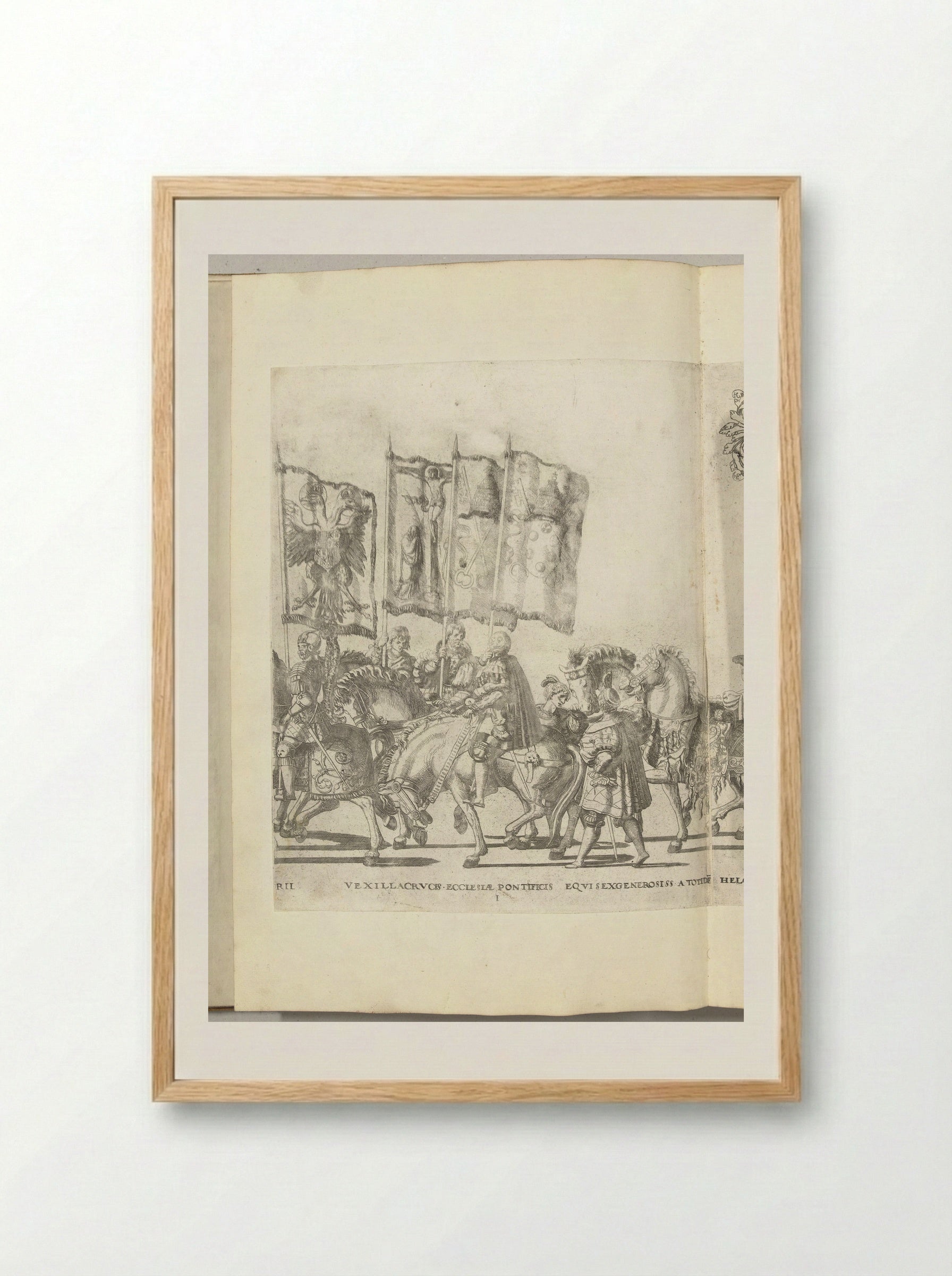 Vaandeldragers met wapens van Habsburg en de paus van Rome, plaat I - Nicolaas Hogenberg - Framed Print Wood
