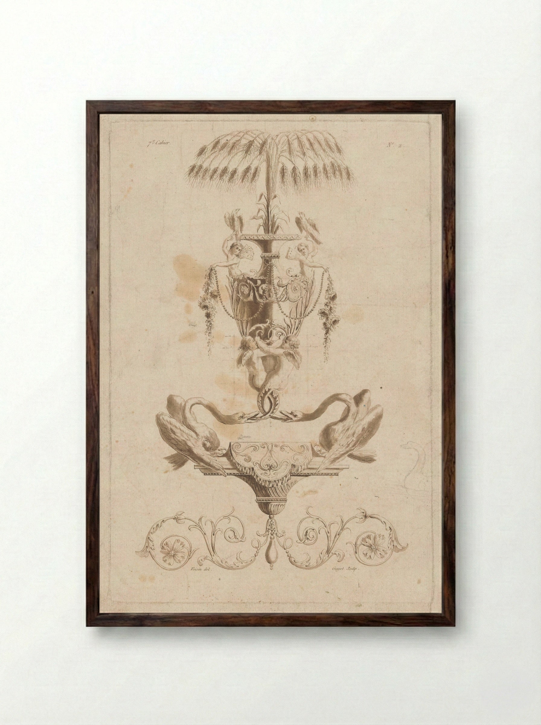 Vaas, putti en zwanen - Laurent Guyot - Framed Print Dark Wood