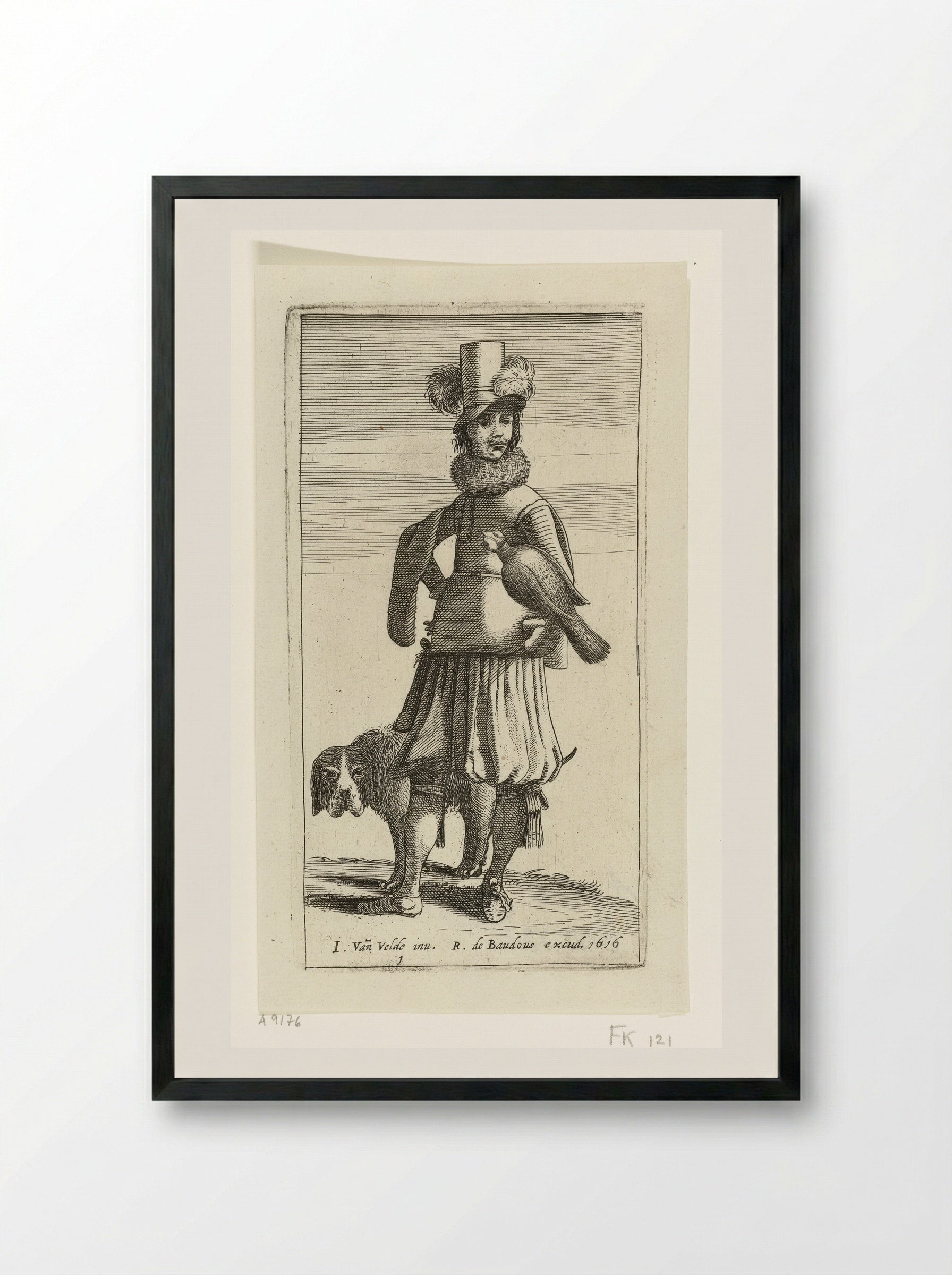Valkenier met jachthond - Jan van de Velde II - Framed Print Black