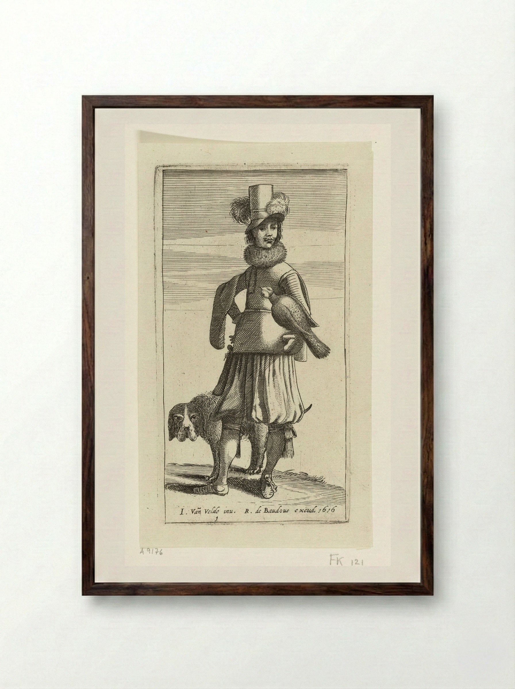 Valkenier met jachthond - Jan van de Velde II - Framed Print Dark Wood