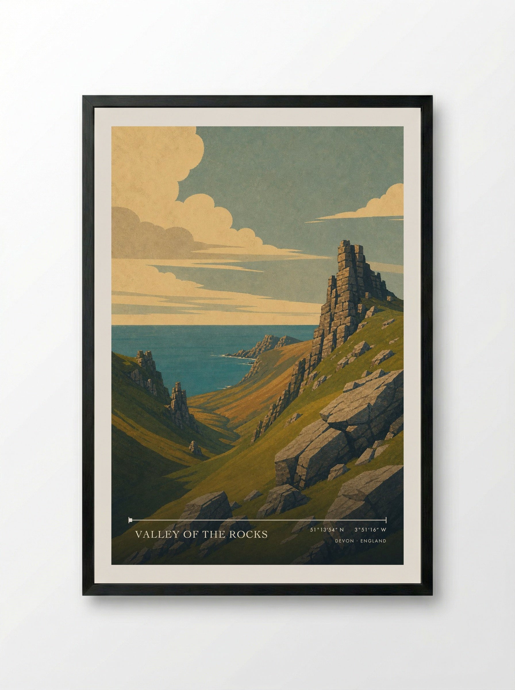 Valley of the Rocks Devon England Travel Poster - Framed Print Black