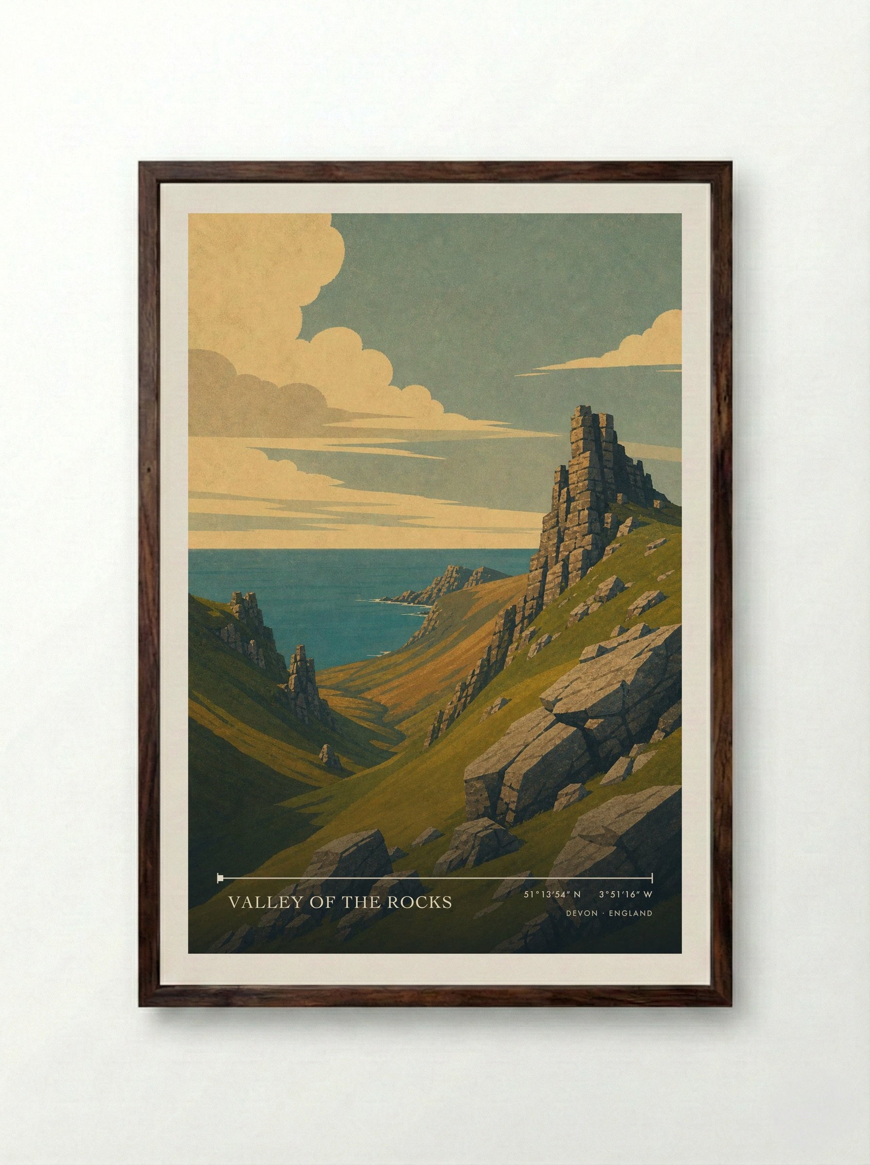 Valley of the Rocks Devon England Travel Poster - Framed Print Dark Wood
