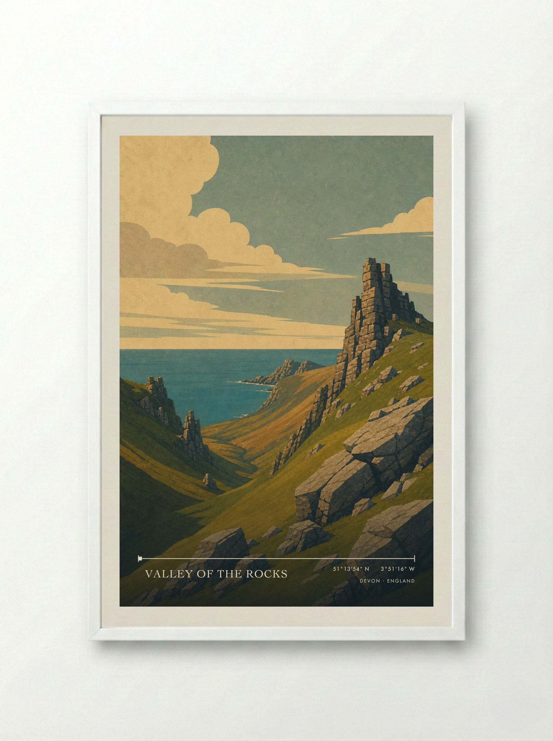 Valley of the Rocks Devon England Travel Poster - Framed Print White