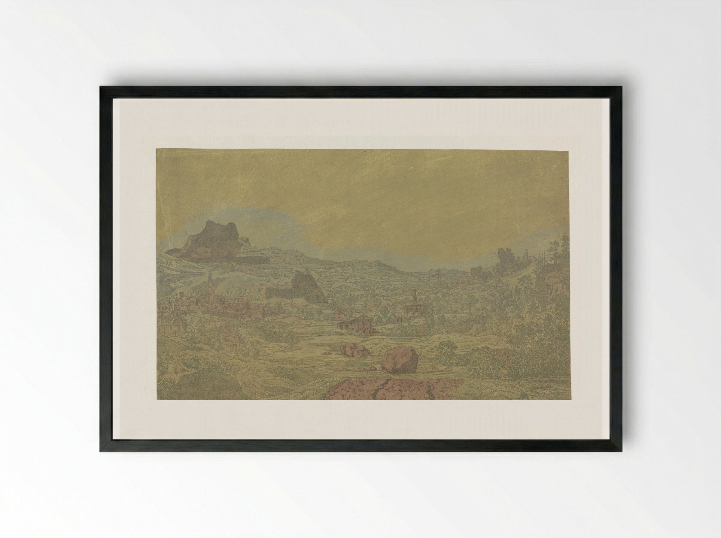Valley with a River and a Town with Four Towers - Hercules Segers - Framed Print Black