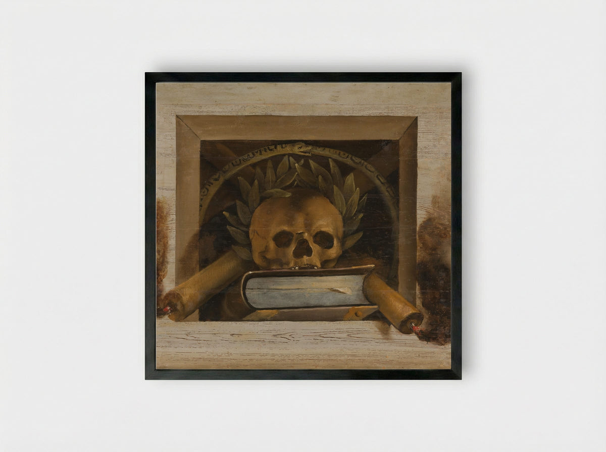 Vanitas Still Life with Skull, Laurel Wreath, Book, and Candles - Jacob van Campen - Framed Print Black