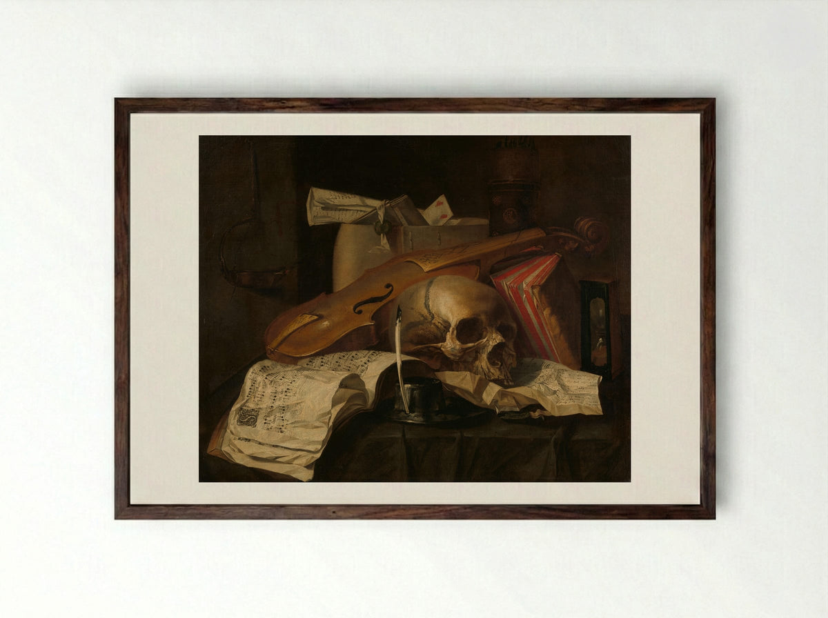 Vanitas Still Life - N.L. Peschier - Framed Print Dark Wood