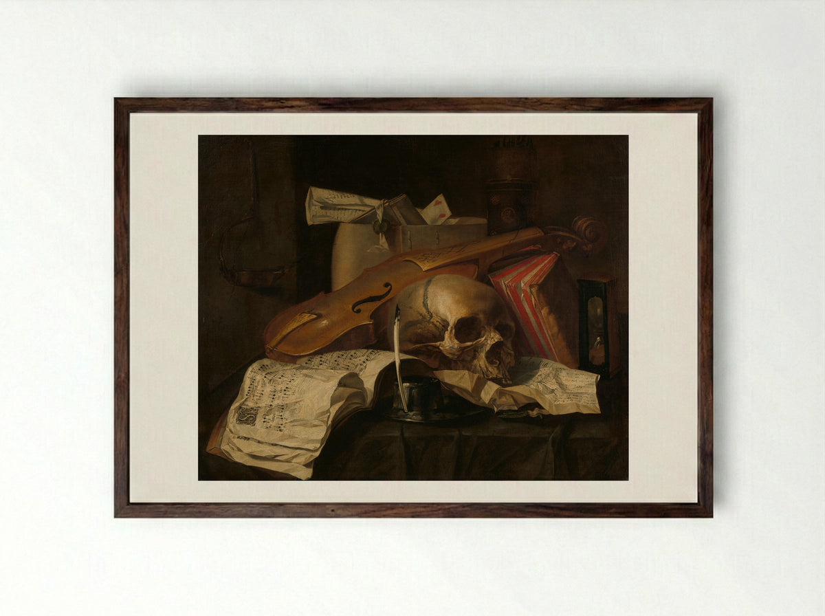 Vanitas Still Life - N.L. Peschier - Framed Print Dark Wood