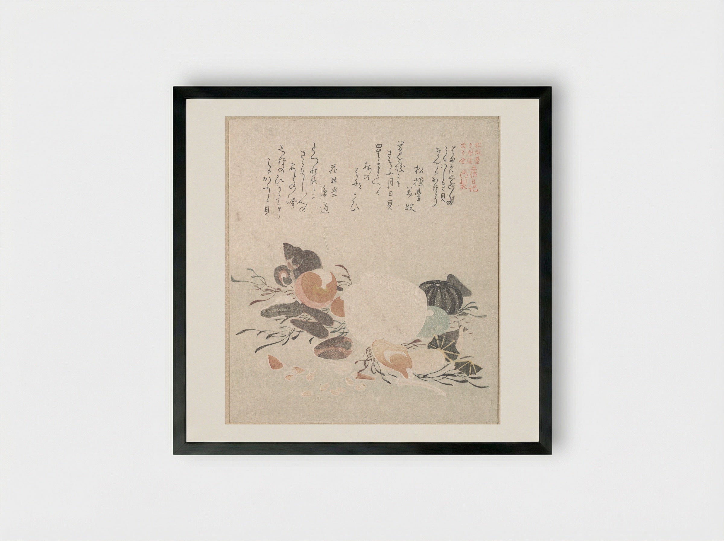 Various Shells with Sea Weeds - Kubo Shunman - Framed Print Black