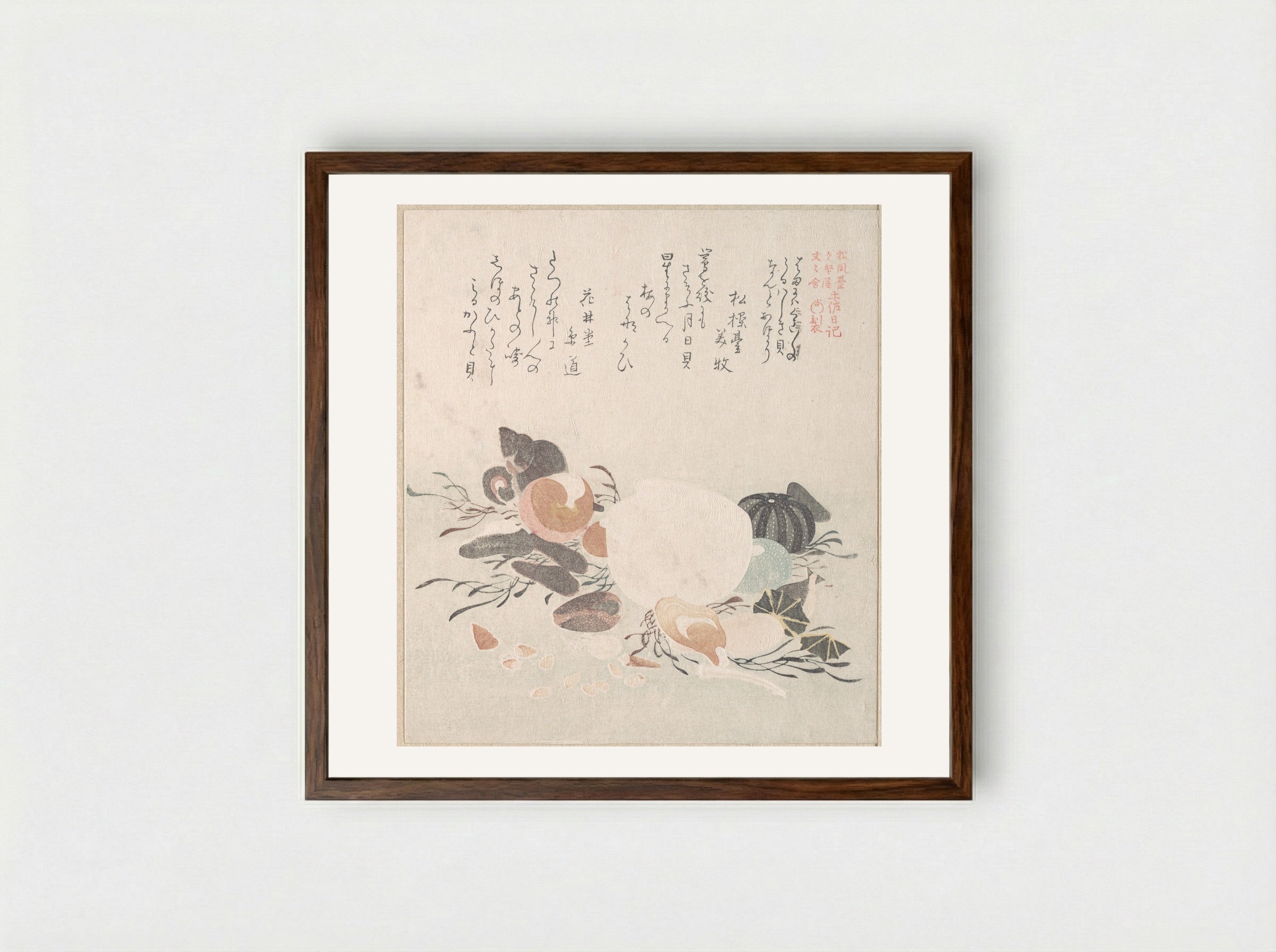 Various Shells with Sea Weeds - Kubo Shunman - Framed Print Dark Wood