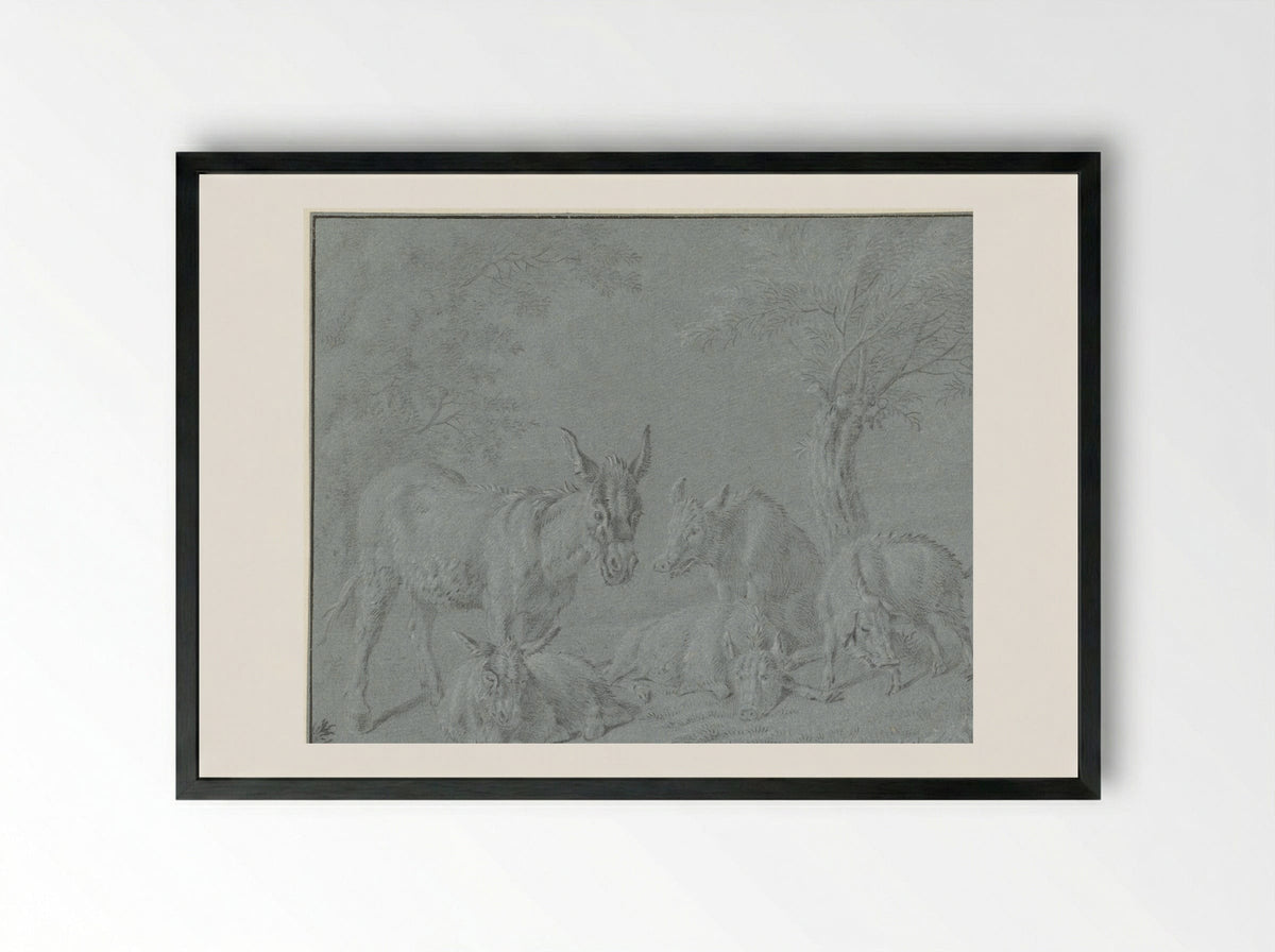 Varkens en ezels onder bomen - Jan van Gool - Framed Print Black