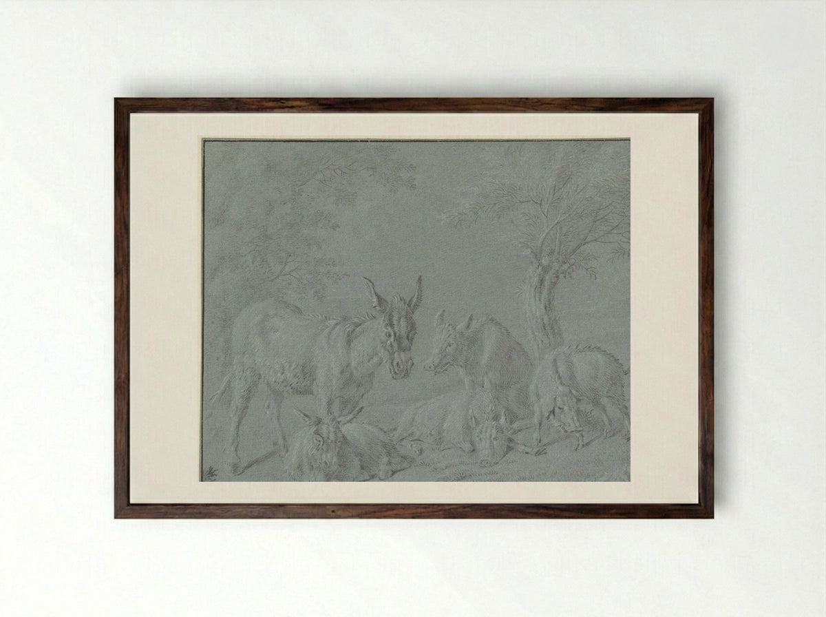 Varkens en ezels onder bomen - Jan van Gool - Framed Print Dark Wood