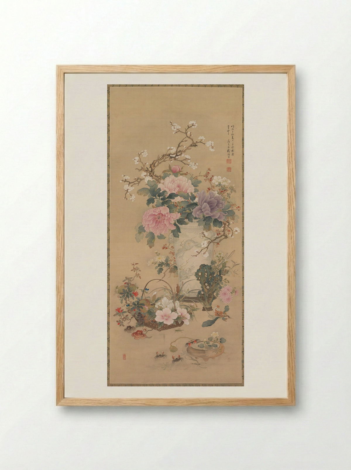 Vase of Flowers with Grasshopper, Marine Life, and Garden Rock - Okabe Ko - Framed Print Wood