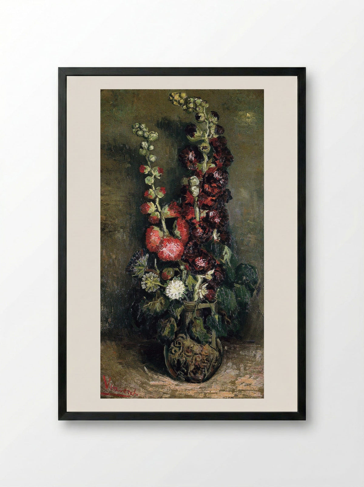 Vase of Hollyhocks - Vincent van Gogh - Framed Print Black