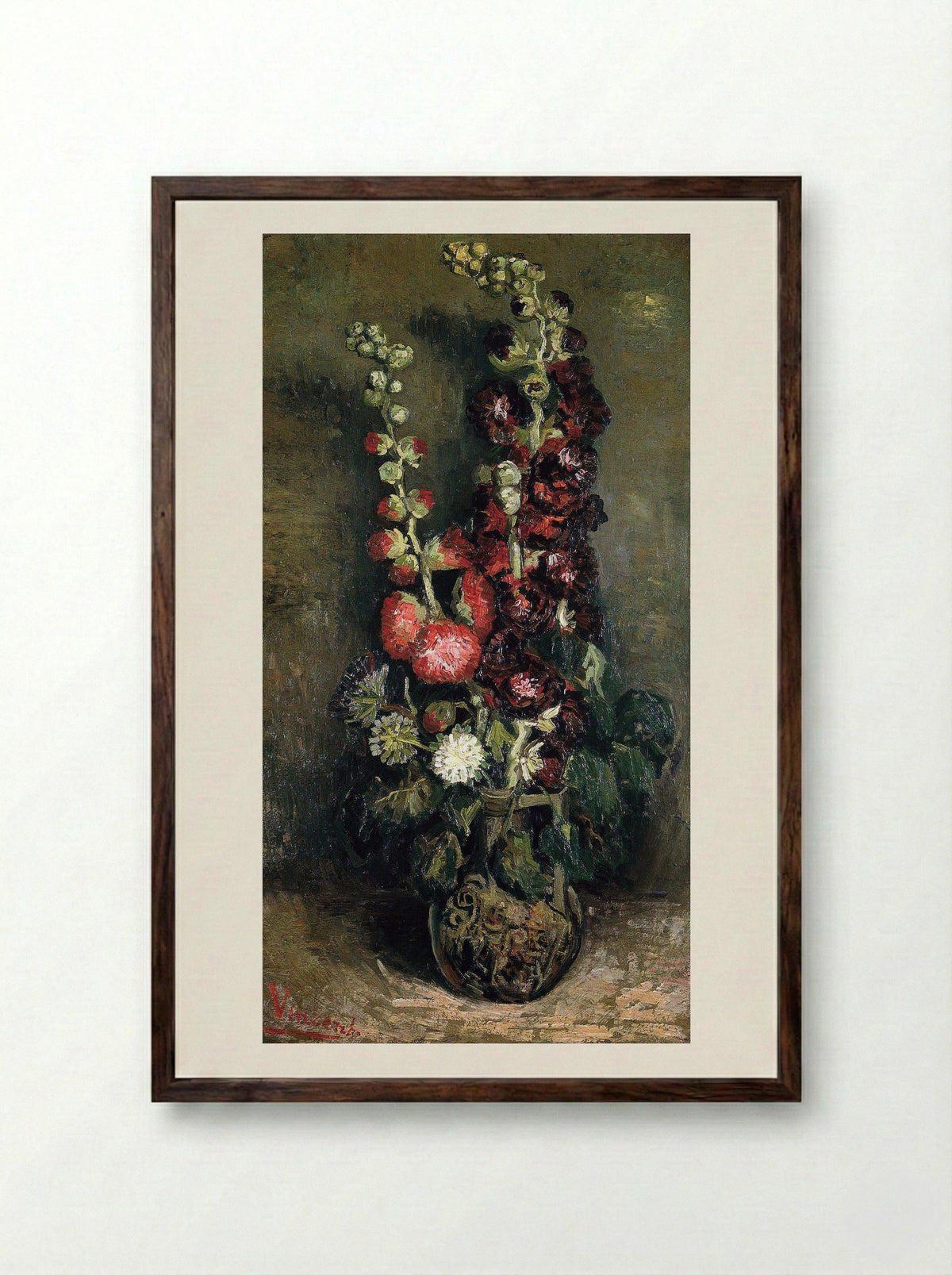 Vase of Hollyhocks - Vincent van Gogh - Framed Print Dark Wood