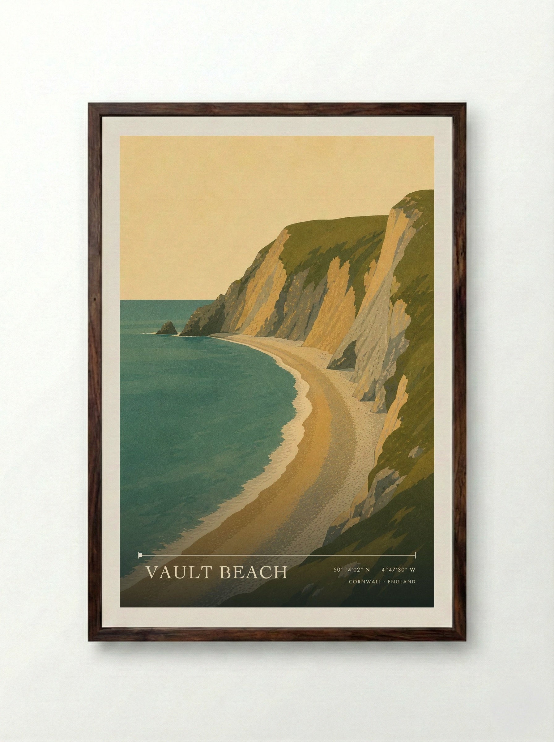 Vault Beach Cornwall England Travel Poster - Framed Print Dark Wood