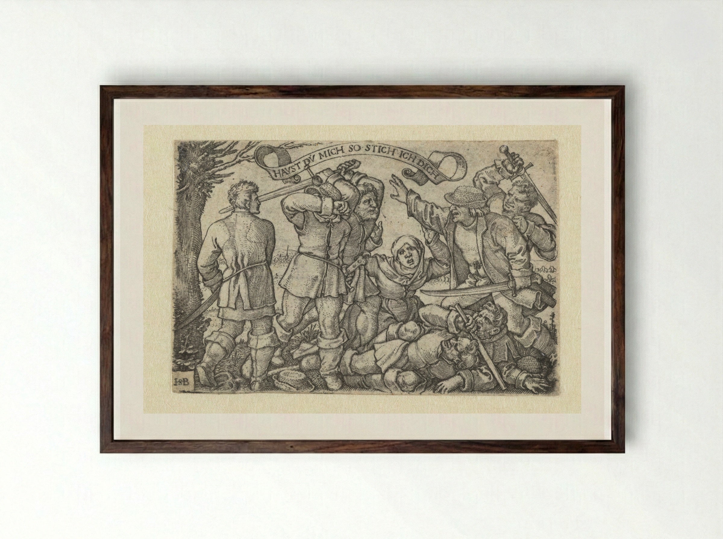 Vechtende boeren met zwaarden - Hans Sebald Beham - Framed Print Dark Wood